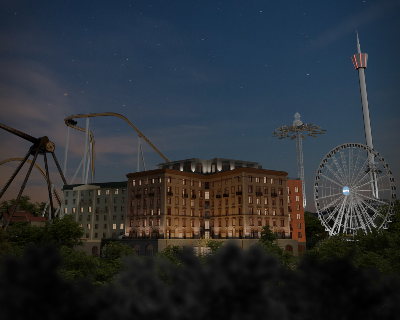 översiktsbild över liseberg med attraktioner och hotellet i bakgrunden